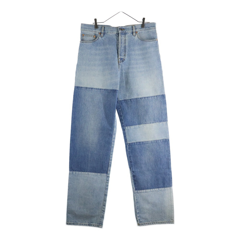 GUCCI(グッチ) コントラストパネル パテントレザーパッチ ユーズド加工 ストレートデニムパンツ ジーンズ インディゴ 835163