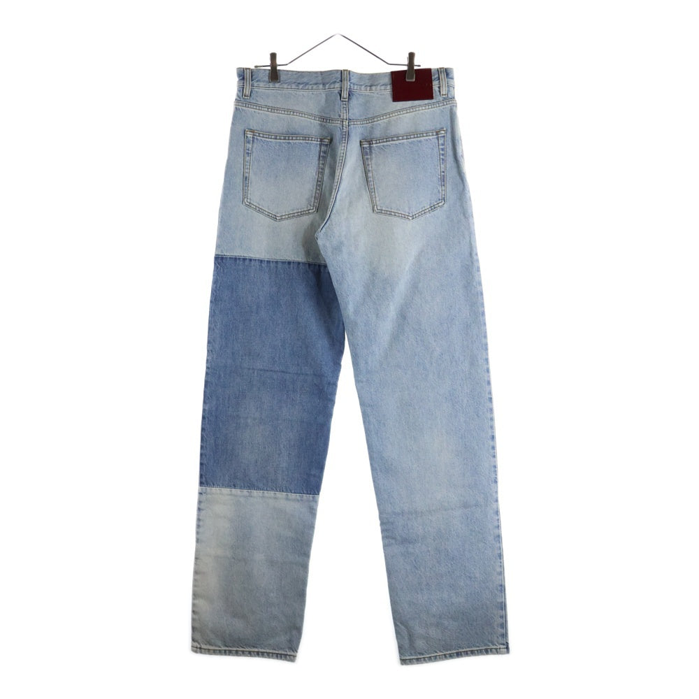 GUCCI(グッチ) コントラストパネル パテントレザーパッチ ユーズド加工 ストレートデニムパンツ ジーンズ インディゴ 835163