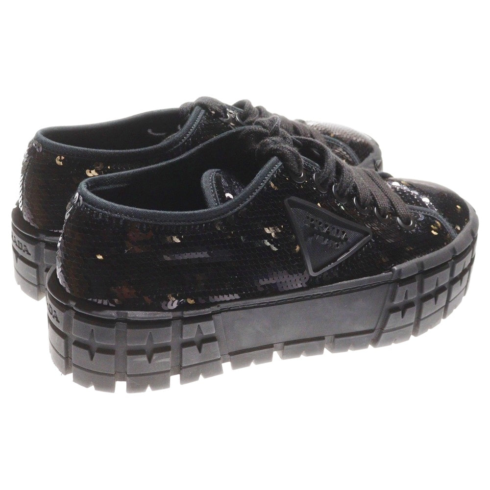 PRADA(プラダ) ダブルホイール スパンコール ラバートライアングルロゴ キャンバス レースアップ 厚底 ローカットシューズ スニーカー ブラック レディース