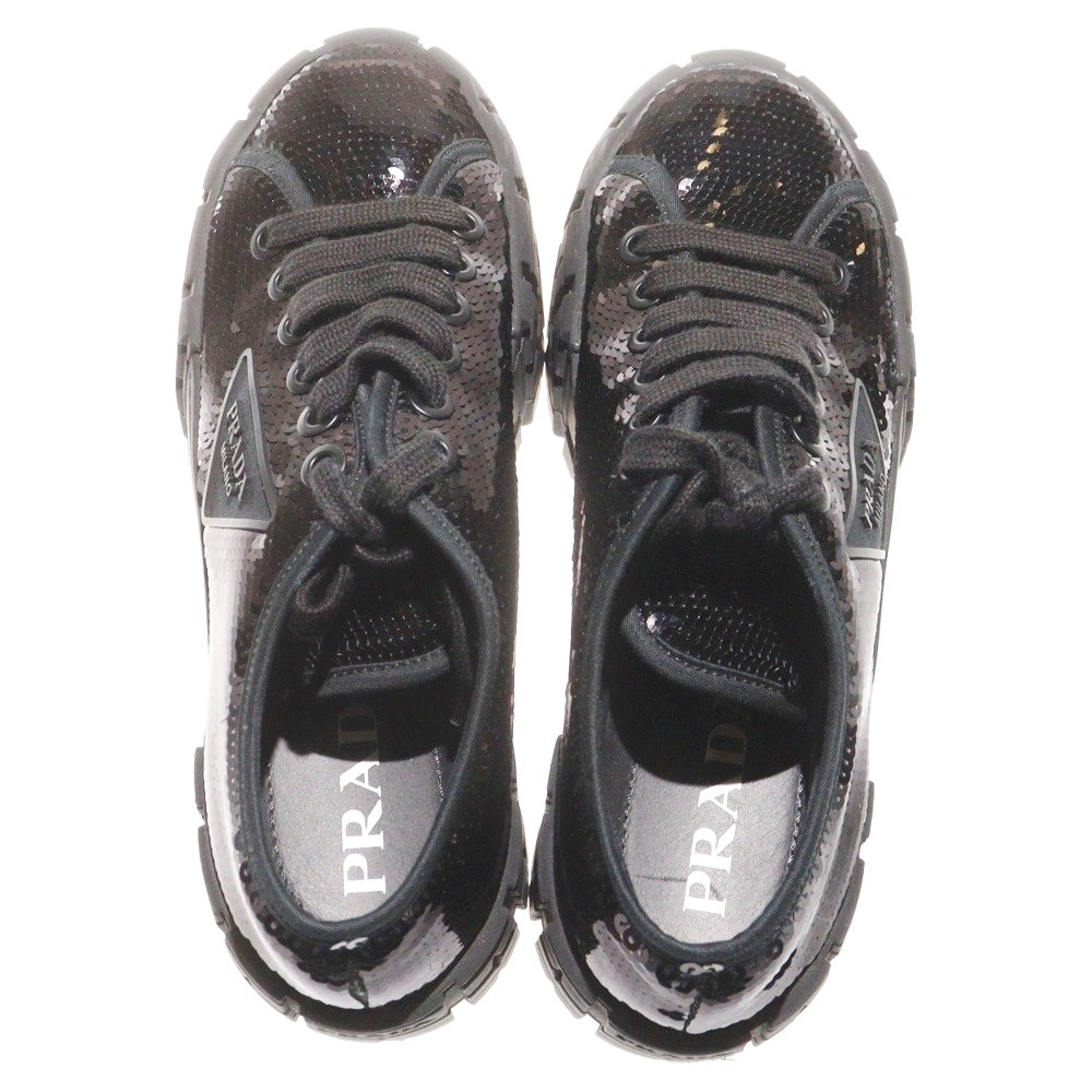 PRADA(プラダ) ダブルホイール スパンコール ラバートライアングルロゴ キャンバス レースアップ 厚底 ローカットシューズ スニーカー ブラック レディース