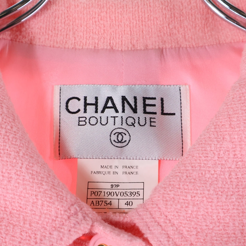 CHANEL(シャネル) 97P スプリングコレクション セットアップ ココマークボタン ウール ツイード 7B ステンカラー ジャケット タイト ミニスカート ピンク レディース P07190V05395
