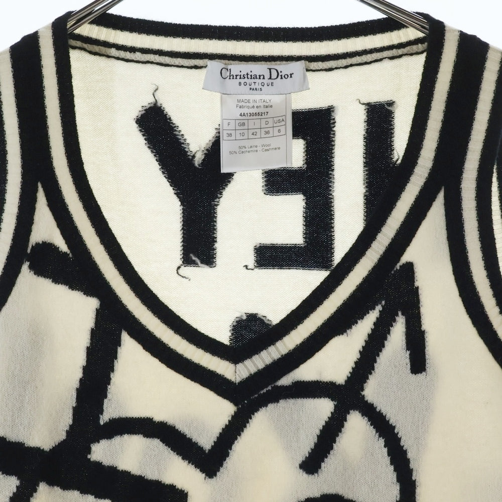 Christian Dior(クリスチャンディオール) ハートロゴジャガード カシミヤ混 ウール ニット ノースリーブ Vネック プルオーバー ベスト アイボリー/ブラック レディース 4A13055217
