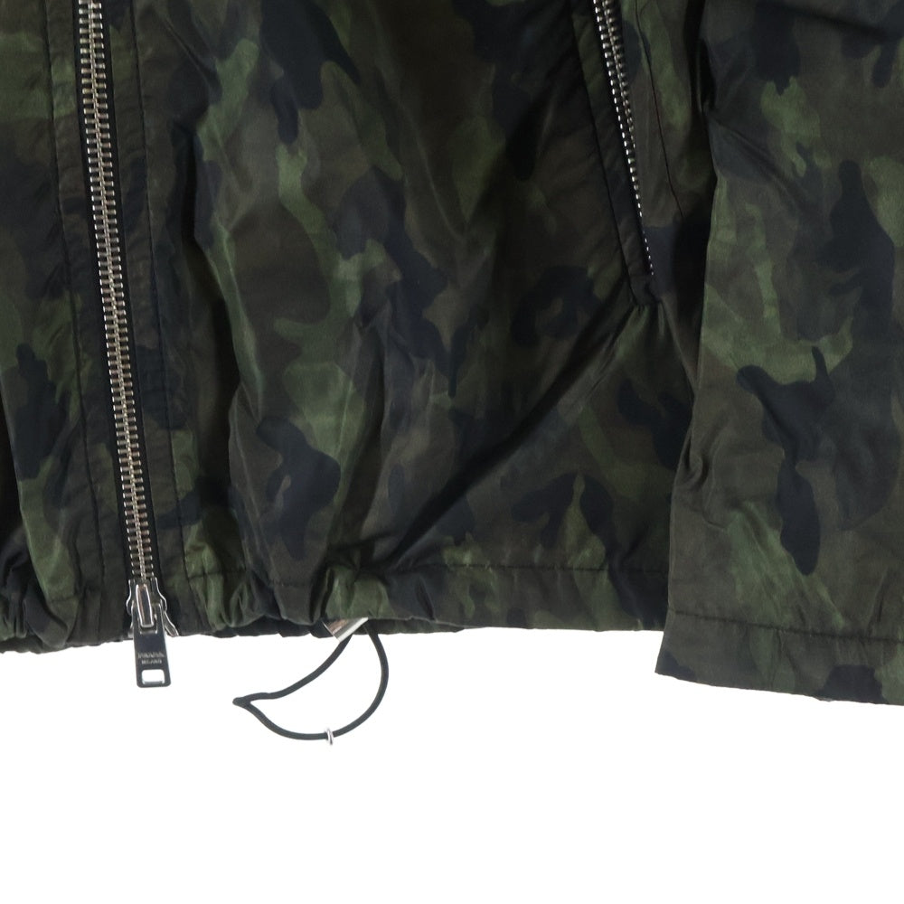 PRADA(プラダ) 14SS トライアングルロゴプレート カモフラ 迷彩総柄 プリント ナイロン フーデッド ジップアップ ジャケット カーキ レディース 29Z597