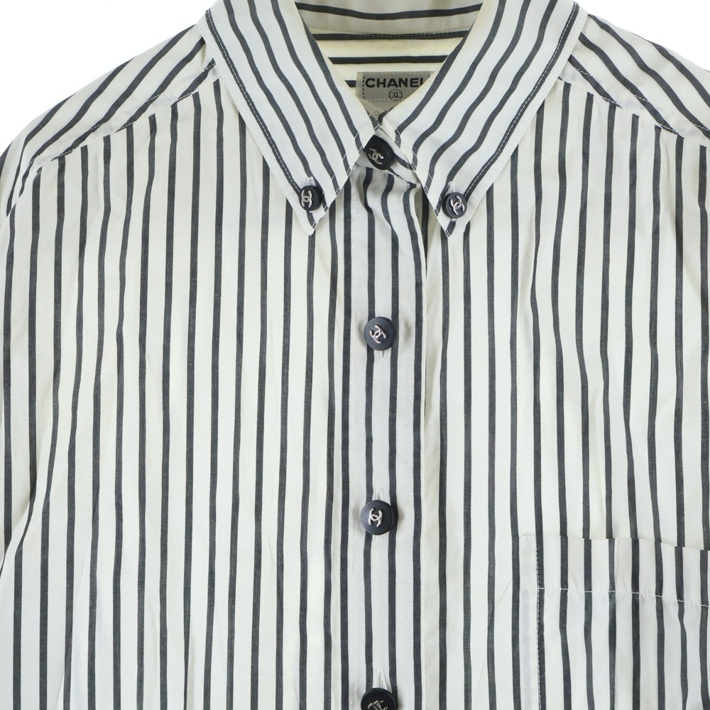 CHANEL(シャネル) 96年製 ココマーク ストライプ総柄 ボタンダウン 長袖シャツホワイト/ブラック レディース