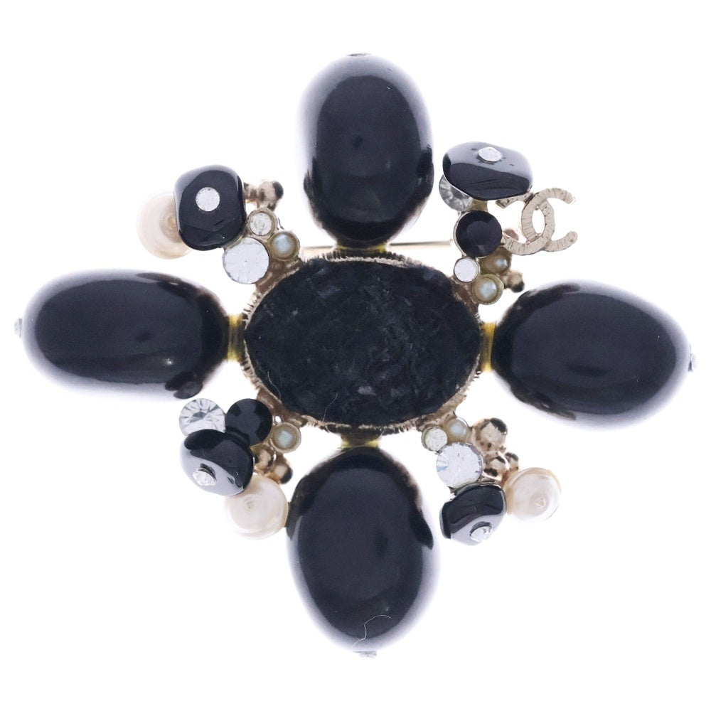 CHANEL(シャネル) ココマーク カラーストーン×フェイクパールブローチ ピンバッジ ブラック×ゴールド レディース
