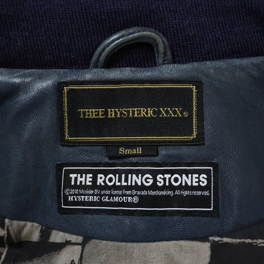 Thee Hysteric XXX(ジィヒステリックトリプルエックス) 裏地総柄プリント ローリングストーンズ ジップアップ シングルライダース ジャケット ネイビー 0604LB01