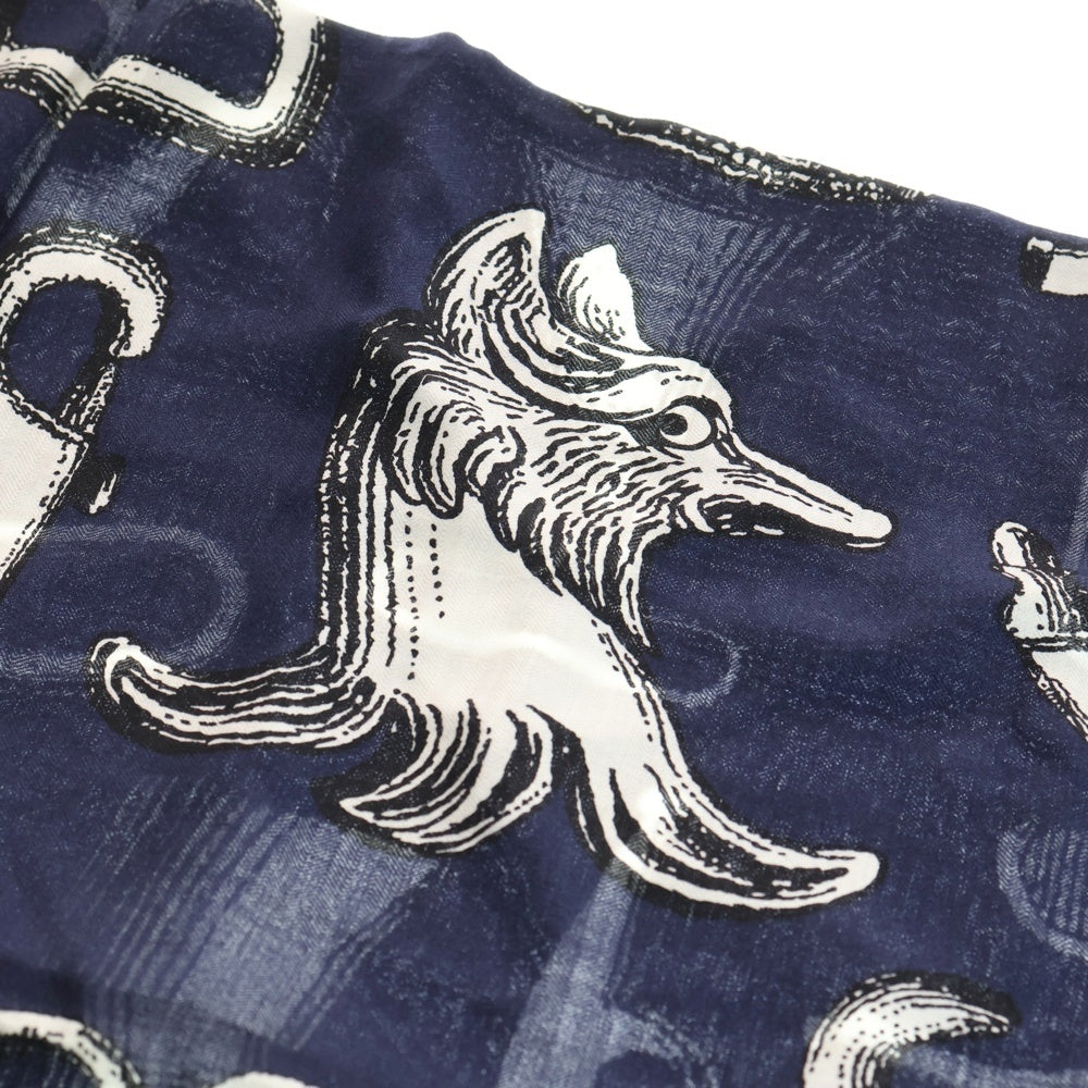 HERMES(エルメス) カレジェアン カレ140 Inventaire Poetique pour un Conte Sellier ネイビー カシミヤシルク 大判スカーフ レディース