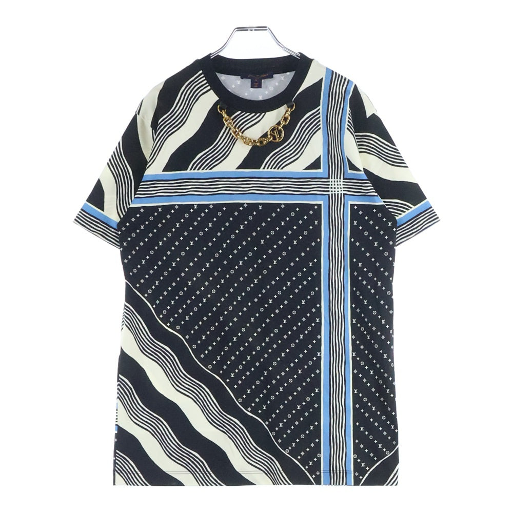 LOUIS VUITTON(ルイヴィトン) 23AW LVチェーン コントラストトリム モノグラム 総柄プリント クルーネック 半袖Tシャツ カットソー ブラック/ライトブルー レディース RW232W Z00 FPTS02