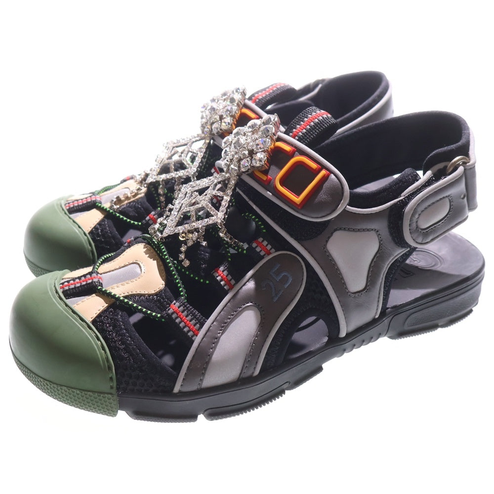 GUCCI(グッチ) ビジュー装飾 レザー ラバー ベルクロ フラットサンダル 