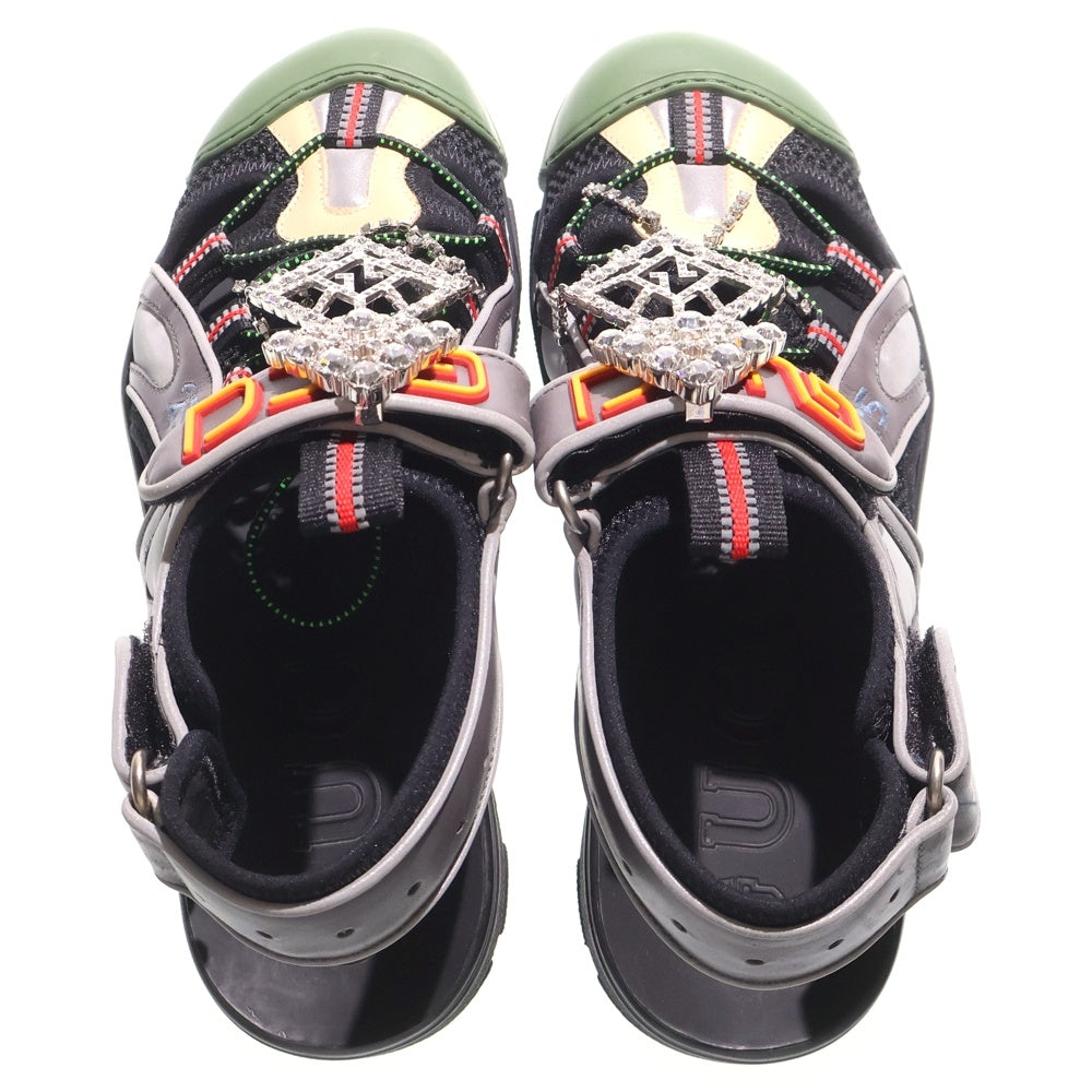 GUCCI(グッチ) ビジュー装飾 レザー ラバー ベルクロ フラットサンダル 