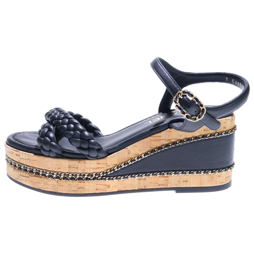 CHANEL(シャネル) ココマーク ラムスキン レザー チェーン装飾 ウェッジソール ヒール ストラップサンダル シューズ ゴールド金具 ブラック レディース G46317