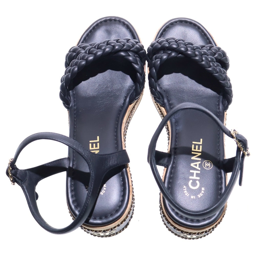 CHANEL(シャネル) ココマーク ラムスキン レザー チェーン装飾 ウェッジソール ヒール ストラップサンダル シューズ ゴールド金具 ブラック レディース G46317