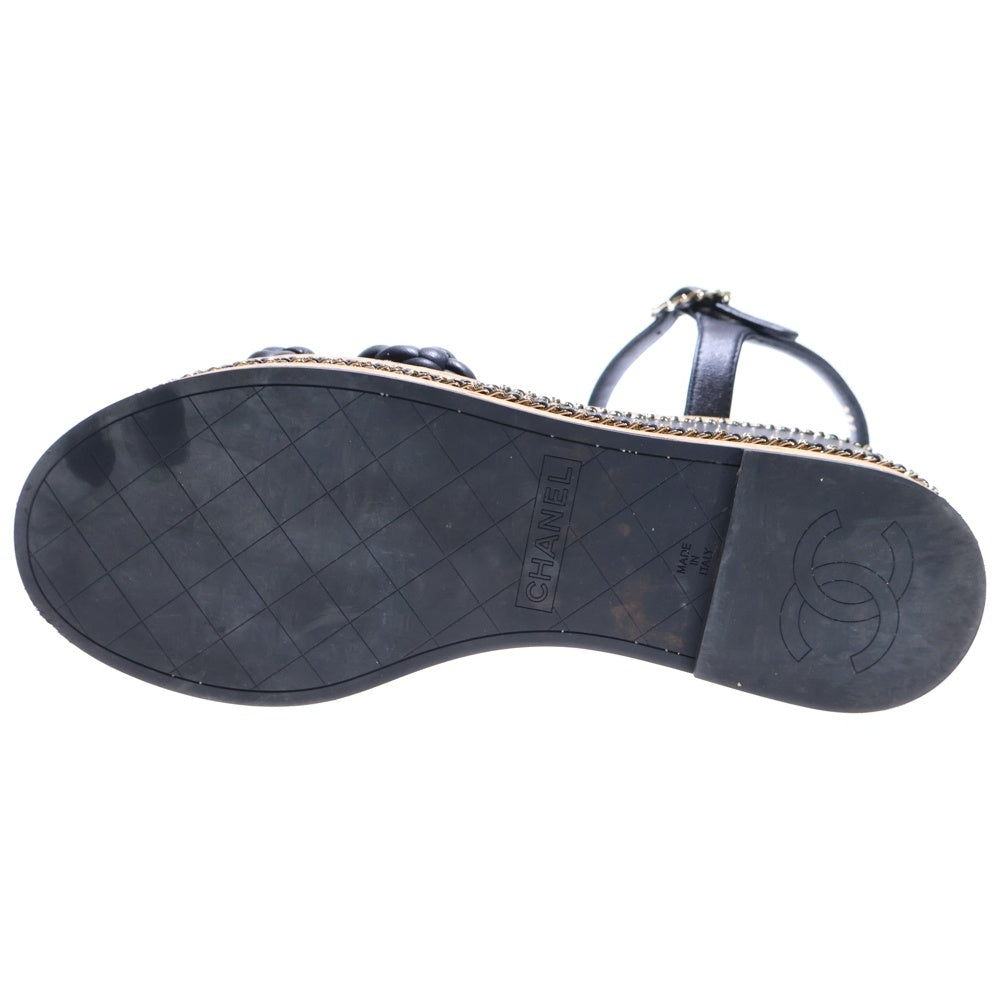 CHANEL(シャネル) ココマーク ラムスキン レザー チェーン装飾 ウェッジソール ヒール ストラップサンダル シューズ ゴールド金具 ブラック レディース G46317