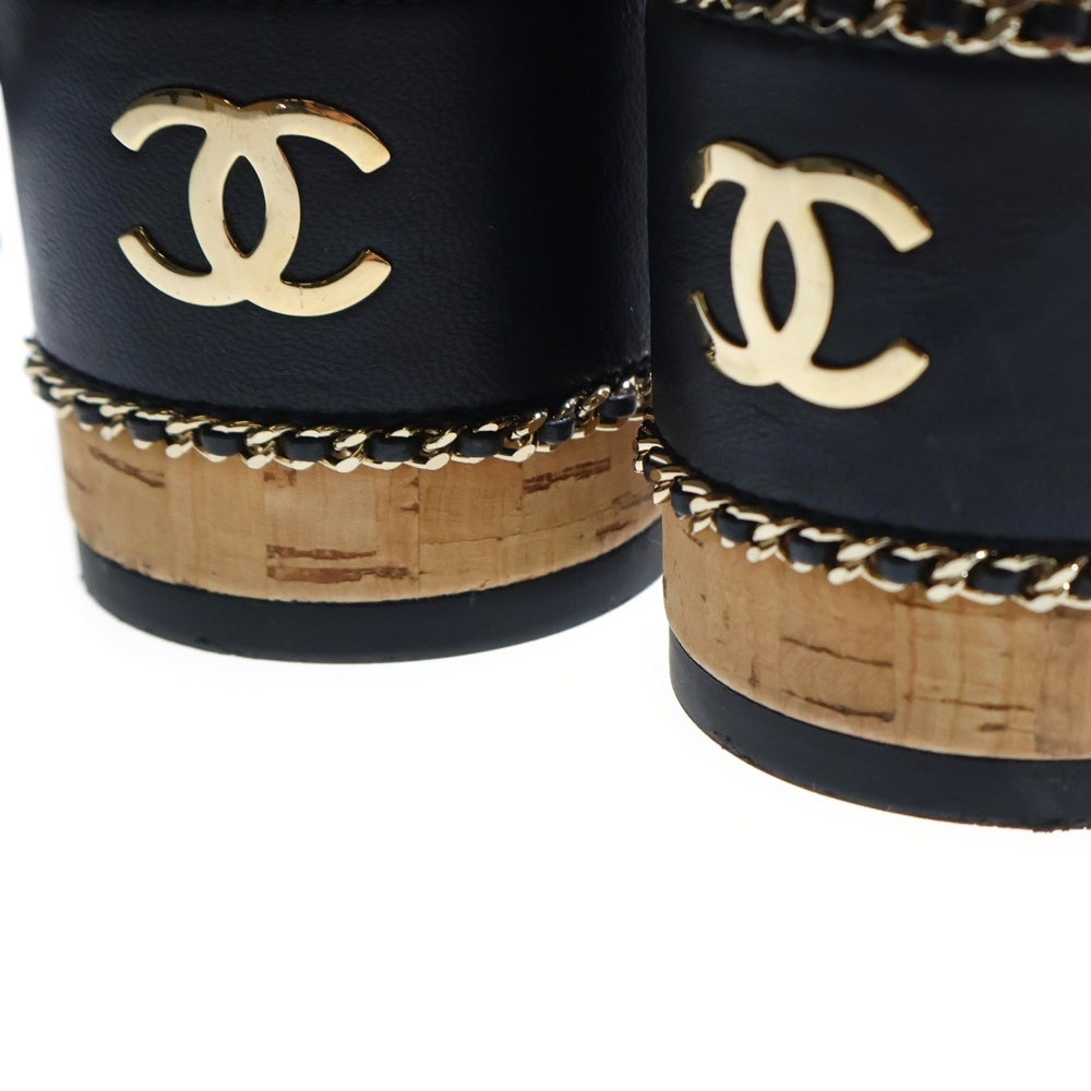 CHANEL(シャネル) ココマーク ラムスキン レザー チェーン装飾 ウェッジソール ヒール ストラップサンダル シューズ ゴールド金具 ブラック レディース G46317