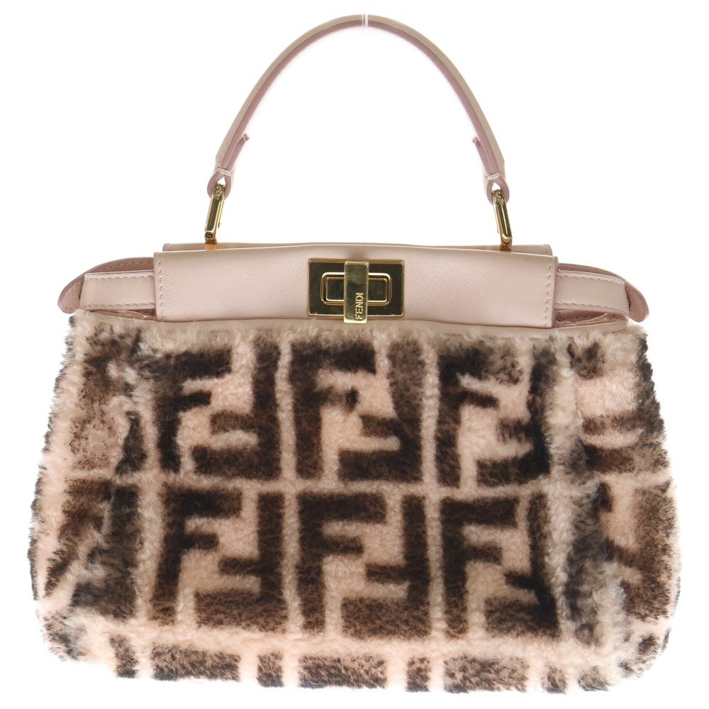 FENDI(フェンディ) ピーカブー ミニ ズッカ柄 2WAYバッグ ハンドバッグ ショルダーバッグ ミニバッグ ブラウン×ピンク ムートン レザー 8BN244 ゴールド金具 レディース