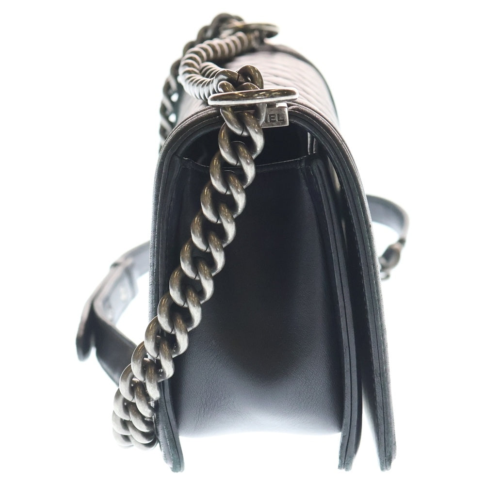 CHANEL(シャネル) ボーイシャネル ココマーク ラムスキン レザー チェーン ショルダーバッグ シルバー金具 ブラック 23番台 レディース