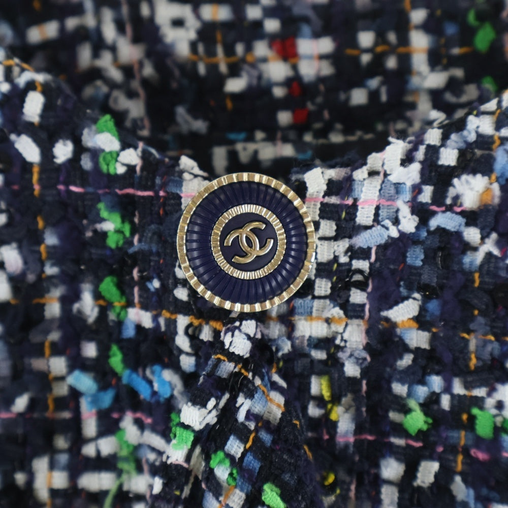 CHANEL(シャネル) ココマークボタン スパンコール ツイード ノーカラー ジャケット マルチカラー ネイビー/ホワイト レディース P62686V48360