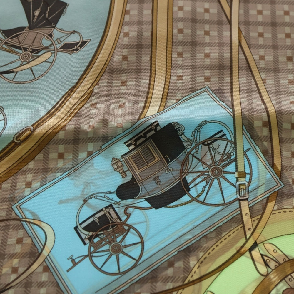 HERMES(エルメス) カレ70 馬車の変遷 総柄 シルクスカーフ マルチカラー ライトブルー レディース