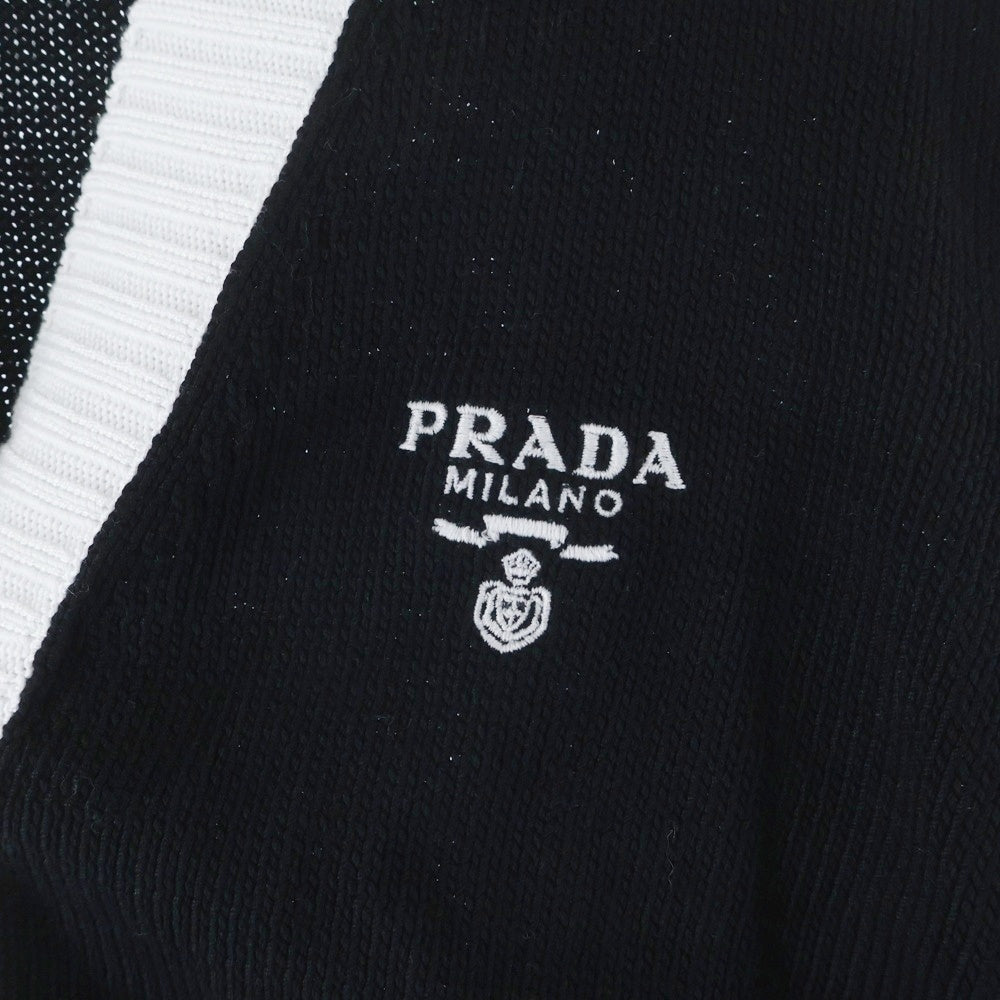 PRADA(プラダ) ロゴ刺繍クロップドセミラグランカーディガン ブラック×ホワイト P25I04 レディース