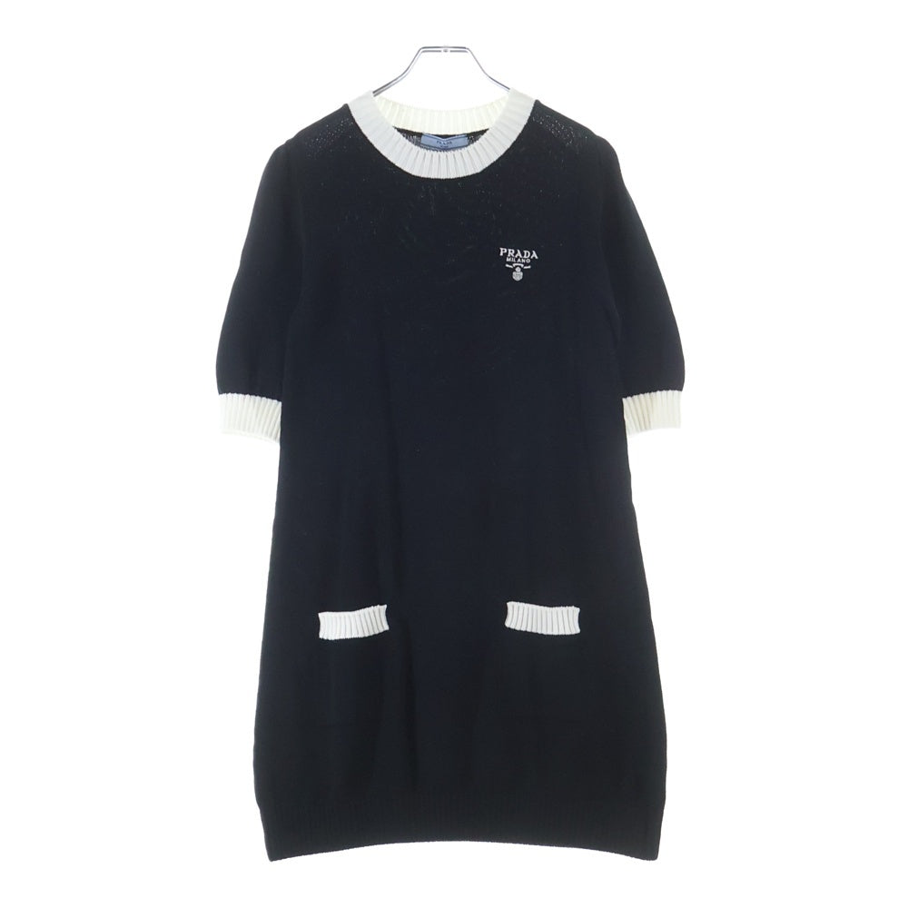 PRADA(プラダ) 23AW ロゴ刺繍半袖コットンニット ポケット付ミニドレス ブラック×ホワイト 23955 S231 1Z05 レディース