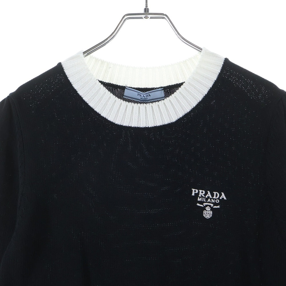 PRADA(プラダ) 23AW ロゴ刺繍半袖コットンニット ポケット付ミニドレス ブラック×ホワイト 23955 S231 1Z05 レディース