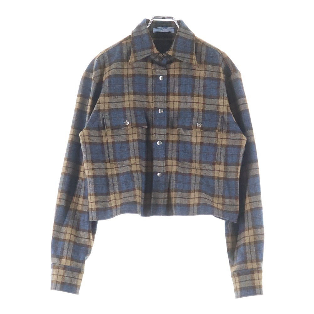 PRADA(プラダ) Checked wool twill shirt トライアングルロゴ チェックウールツイル長袖シャツ ブラウン P448H レディース