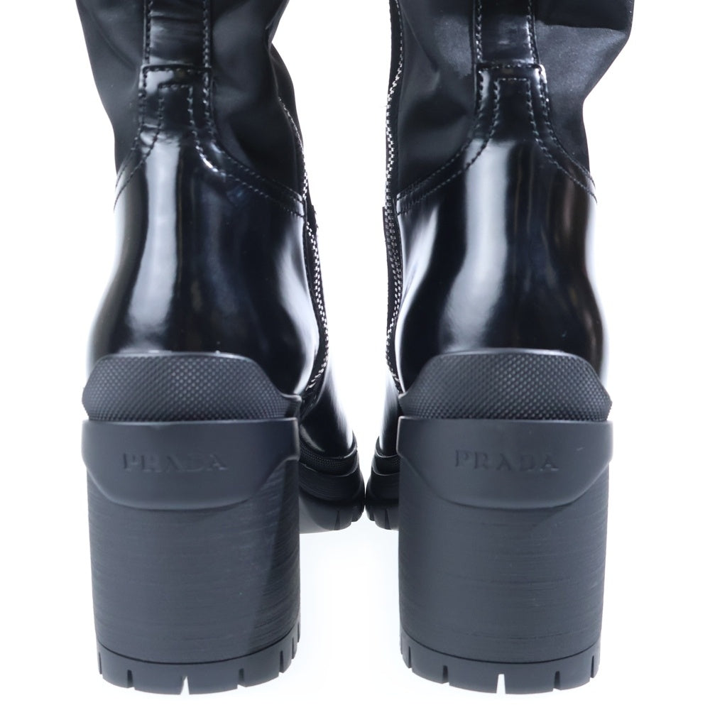 PRADA(プラダ) RE-NYLON リナイロン トライアングルロゴプレート レザー サイドジップ ロングブーツ ブラック レディース
