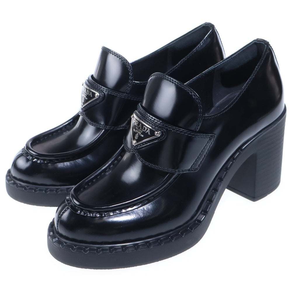 PRADA(プラダ) トライアングルロゴ チョコレートブラッシュドレザー ハイヒールローファー ブラック レディース