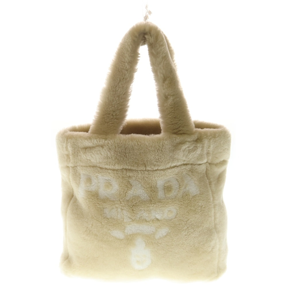 PRADA(プラダ) テリー SPUGNA スプーニャ ロゴ トートバッグ 2WAY ショルダーバッグ シアリング ベージュ×ホワイト 1BG130 ゴールド金具 レディース