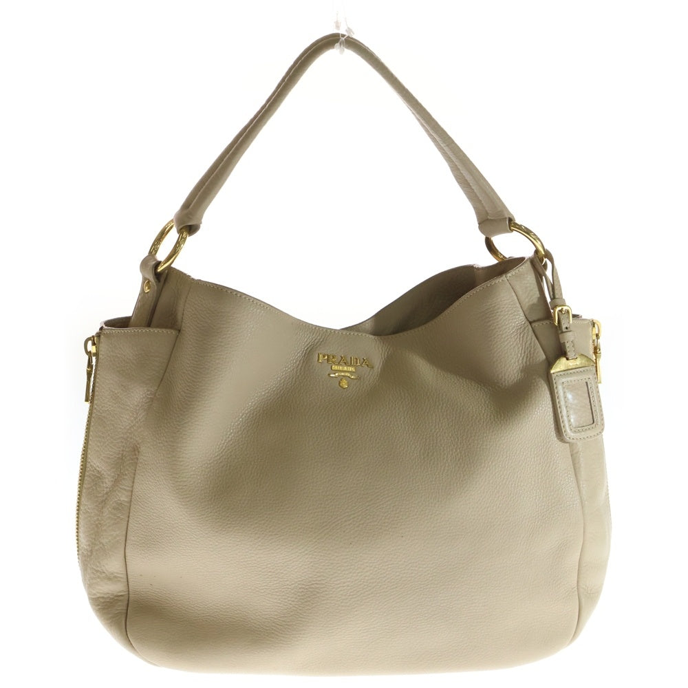 PRADA(プラダ) ロゴプレート レザー ワンショルダーバッグ ゴールド金具 ベージュ レディース