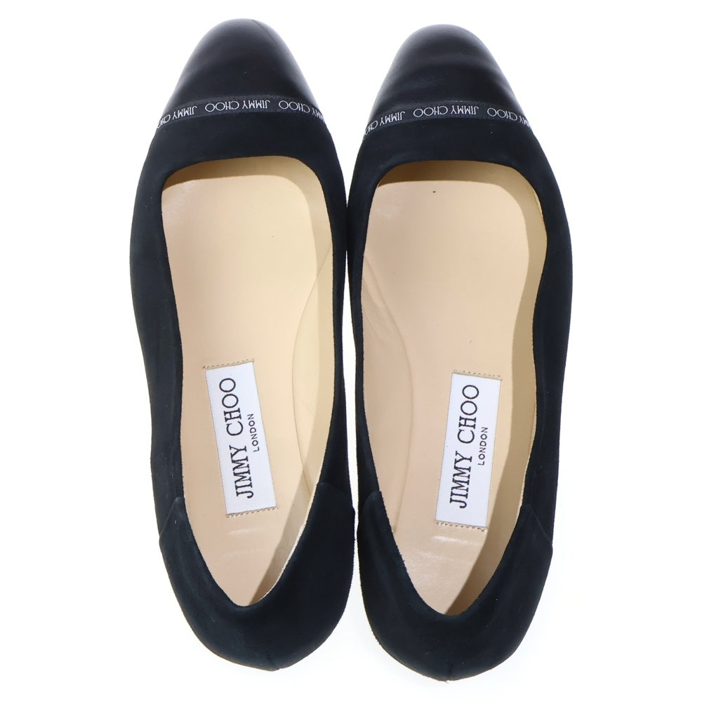 JIMMY CHOO(ジミーチュウ) ロゴテープ スエード コンビレザー フラットシューズ パンプス ブラック レディース