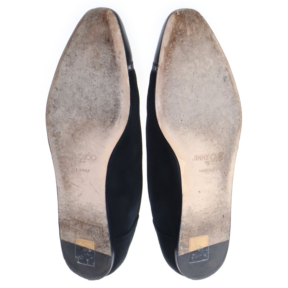 JIMMY CHOO(ジミーチュウ) ロゴテープ スエード コンビレザー フラットシューズ パンプス ブラック レディース