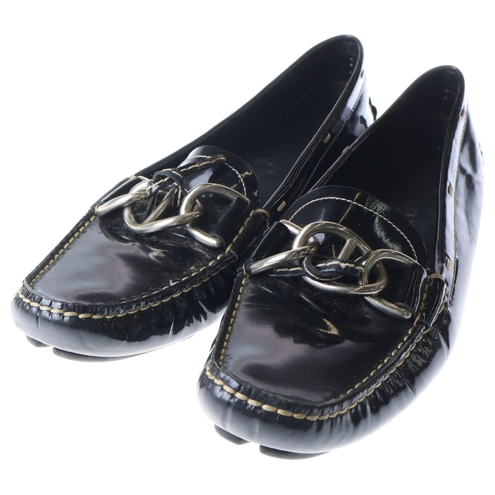 PRADA(プラダ) チェーン装飾 パテントレザー スクエアトゥ ドライビングシューズ ブラック レディース