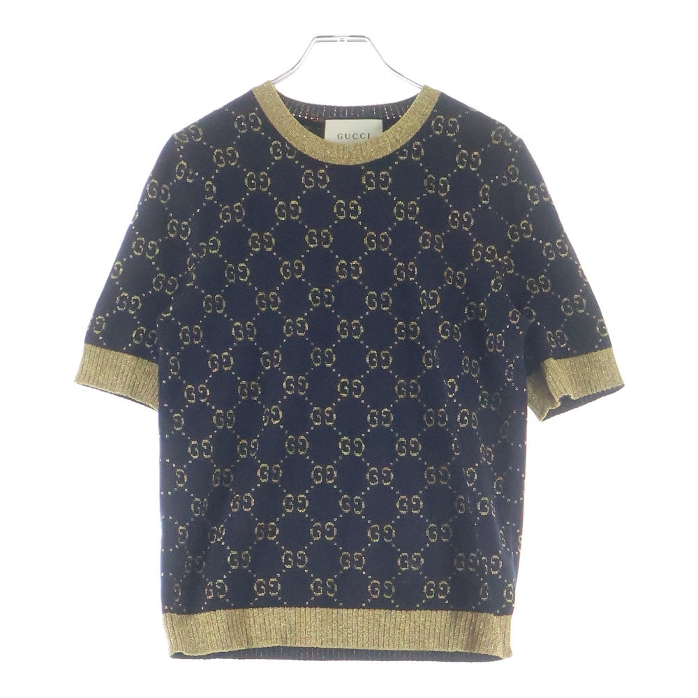 GUCCI(グッチ) GGコットンラメ ジャガード ファブリック トップス クルーネック 半袖ニット セーター ネイビー/ゴールド レディース 526759