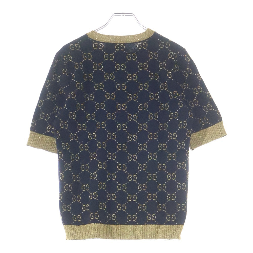 GUCCI(グッチ) GGコットンラメ ジャガード ファブリック トップス クルーネック 半袖ニット セーター ネイビー/ゴールド レディース 526759