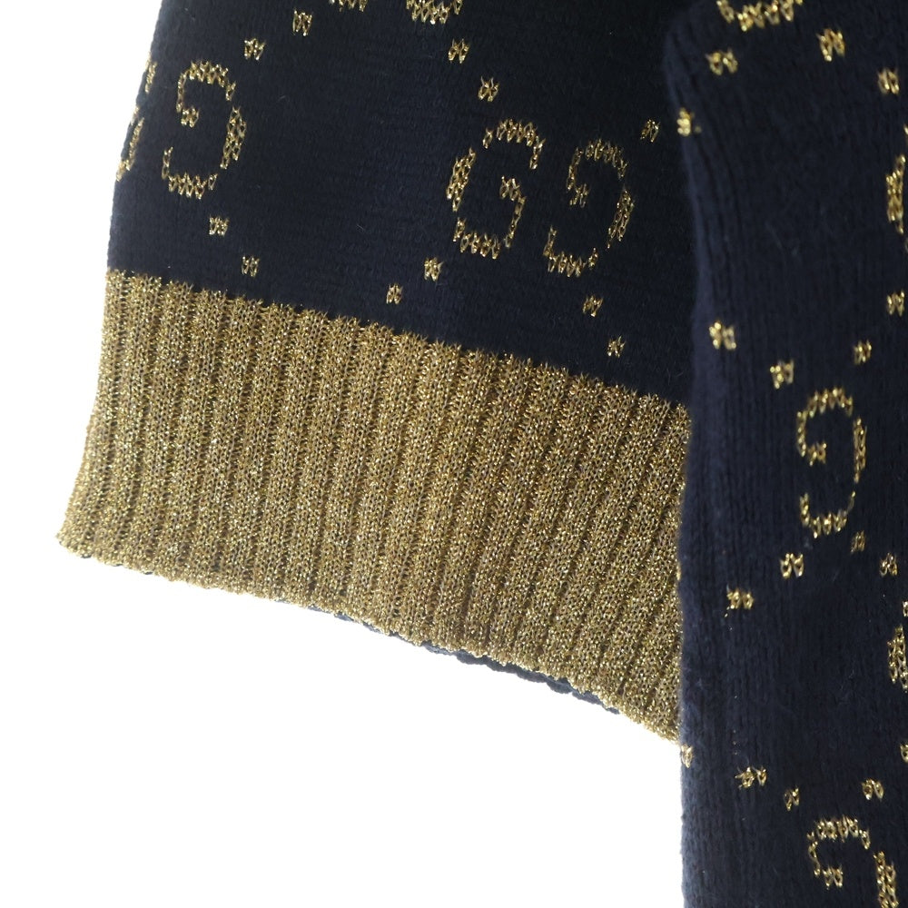 GUCCI(グッチ) GGコットンラメ ジャガード ファブリック トップス クルーネック 半袖ニット セーター ネイビー/ゴールド レディース 526759