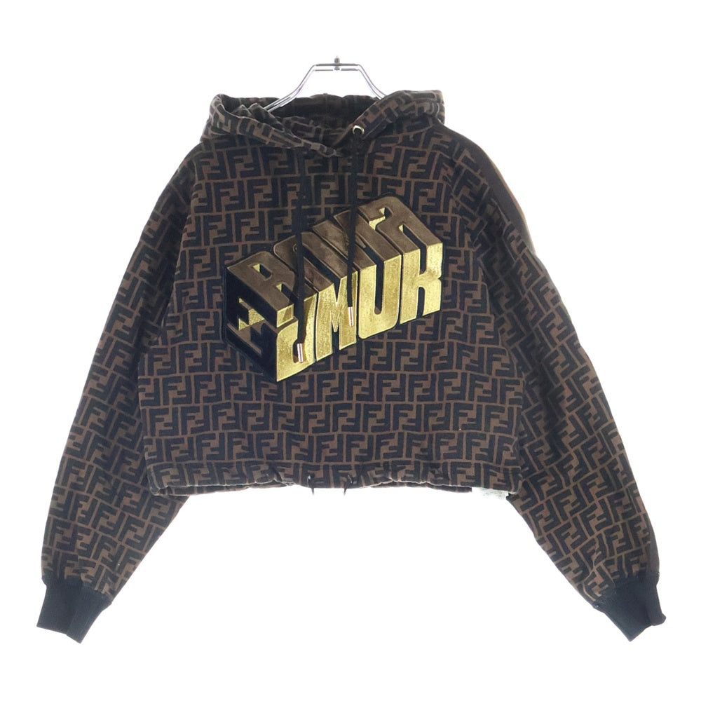 FENDI(フェンディ) ズッカ総柄 ローマ アモール 刺繍 クロップド プルオーバー スウェットパーカー フーディー ブラウン レディース FS7035