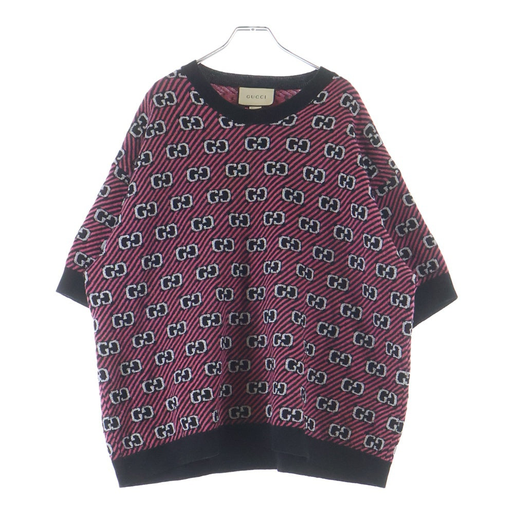 GUCCI(グッチ) GGロゴ ストライプ 総柄ジャガード クルーネック 半袖ニット セーター ブラック/ピンク 574223 レディース