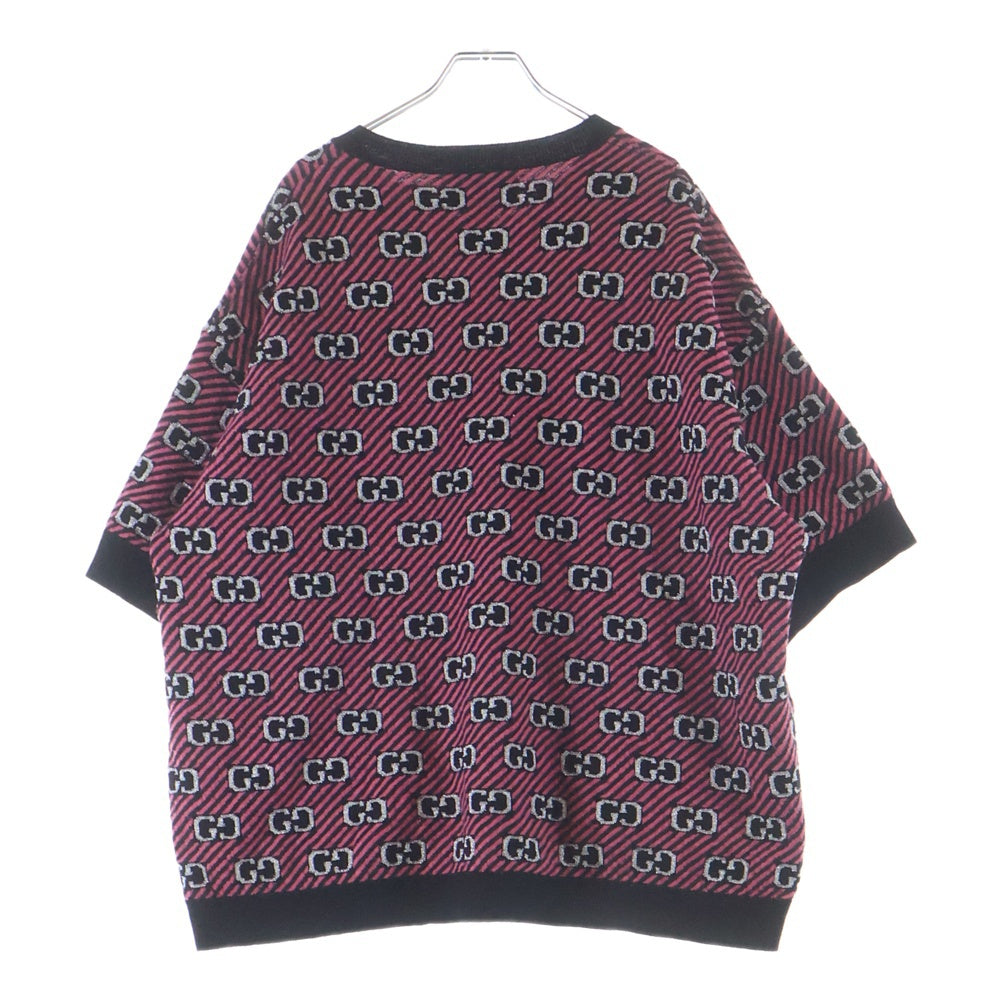 GUCCI(グッチ) GGロゴ ストライプ 総柄ジャガード クルーネック 半袖ニット セーター ブラック/ピンク 574223 レディース