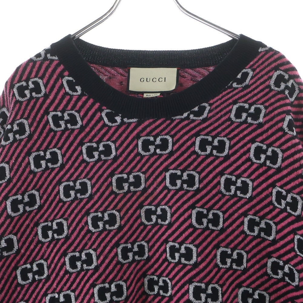 GUCCI(グッチ) GGロゴ ストライプ 総柄ジャガード クルーネック 半袖ニット セーター ブラック/ピンク 574223 レディース