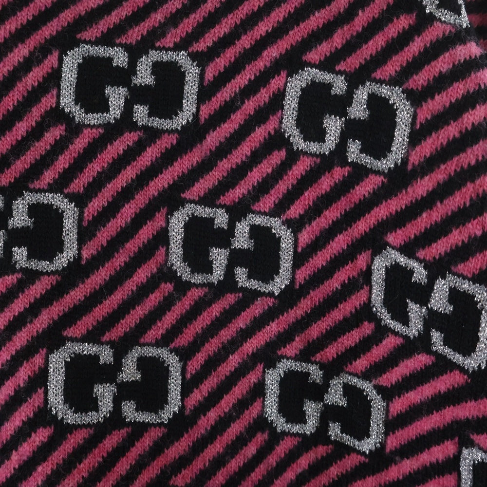 GUCCI(グッチ) GGロゴ ストライプ 総柄ジャガード クルーネック 半袖ニット セーター ブラック/ピンク 574223 レディース