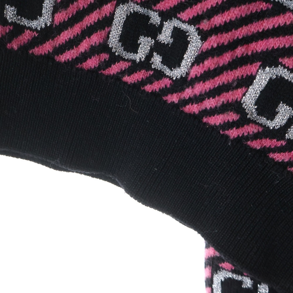 GUCCI(グッチ) GGロゴ ストライプ 総柄ジャガード クルーネック 半袖ニット セーター ブラック/ピンク 574223 レディース