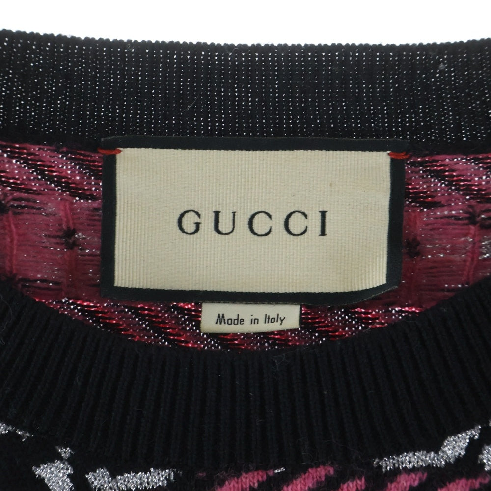 GUCCI(グッチ) GGロゴ ストライプ 総柄ジャガード クルーネック 半袖ニット セーター ブラック/ピンク 574223 レディース