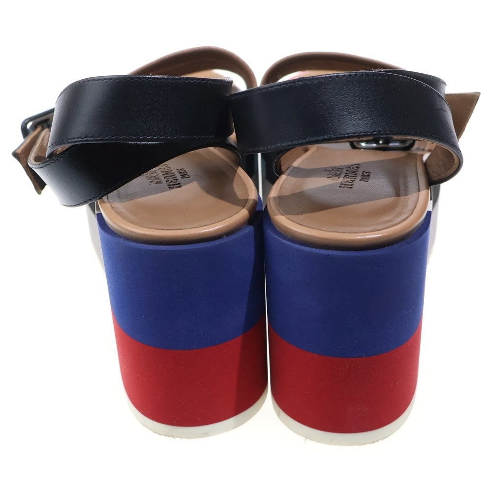 HERMES(エルメス) ウェッジソール マルチカラー レザー ストラップ 厚底 サンダル シューズ ブラック/ベージュ レディース