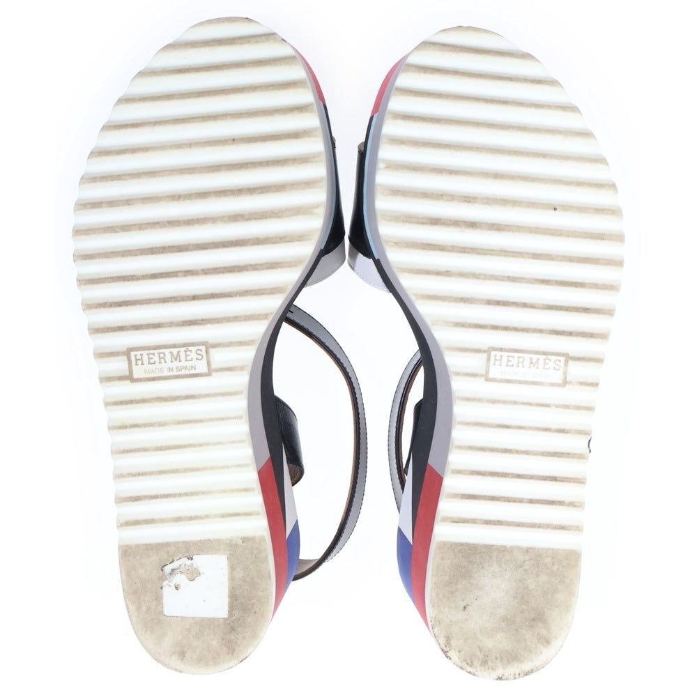 HERMES(エルメス) ウェッジソール マルチカラー レザー ストラップ 厚底 サンダル シューズ ブラック/ベージュ レディース