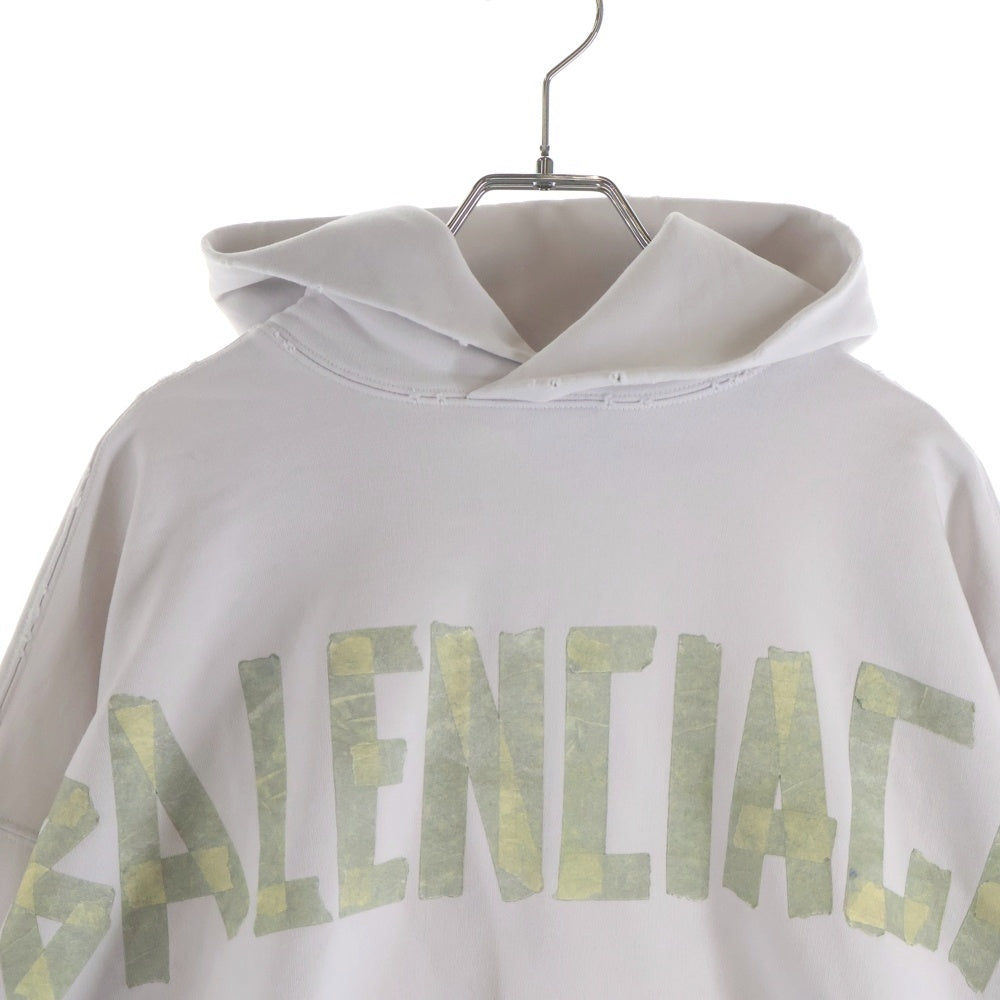 BALENCIAGA(バレンシアガ) )23SS Tape Type Ripped Pocket Hoodie テープロゴ ダメージ加工 プルオーバースウェットパーカー フーディー ホワイト 744441