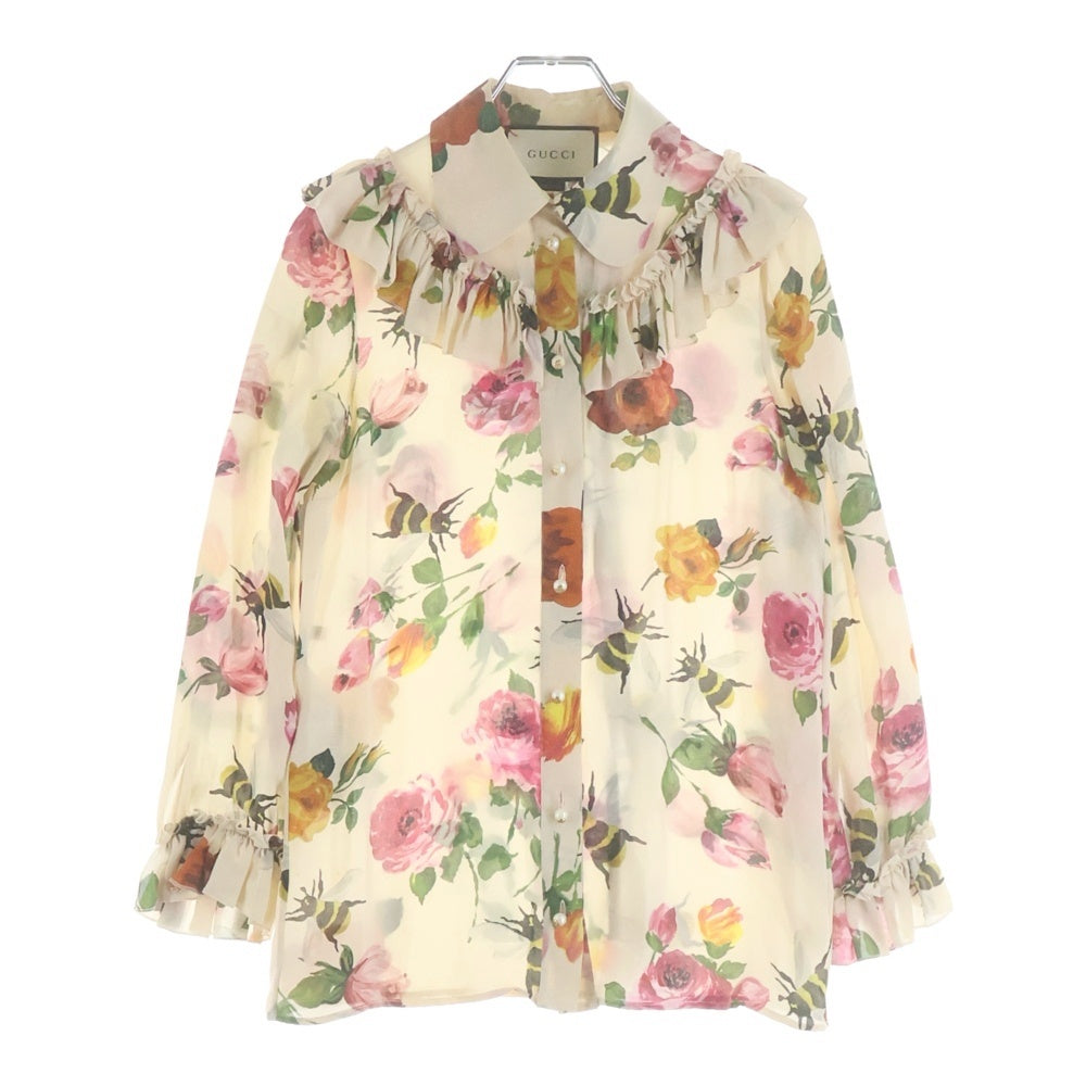 GUCCI(グッチ) フラワー総柄プリント シルク フリル 長袖ブラウス シャツ ベージュ 423838 レディース