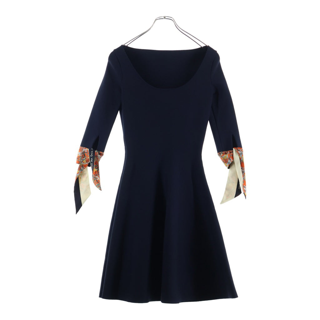 Christian Dior(クリスチャンディオール) 袖スカーフ切り替え ウールニット ワンピース ネイビー レディース 7C24655AM518