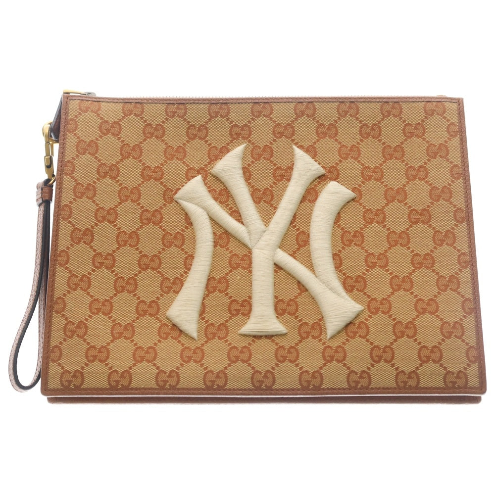 GUCCI(グッチ) GGキャンバス NY刺繍 クラッチ セカンドバッグ ゴールド金具 ベージュ 547796