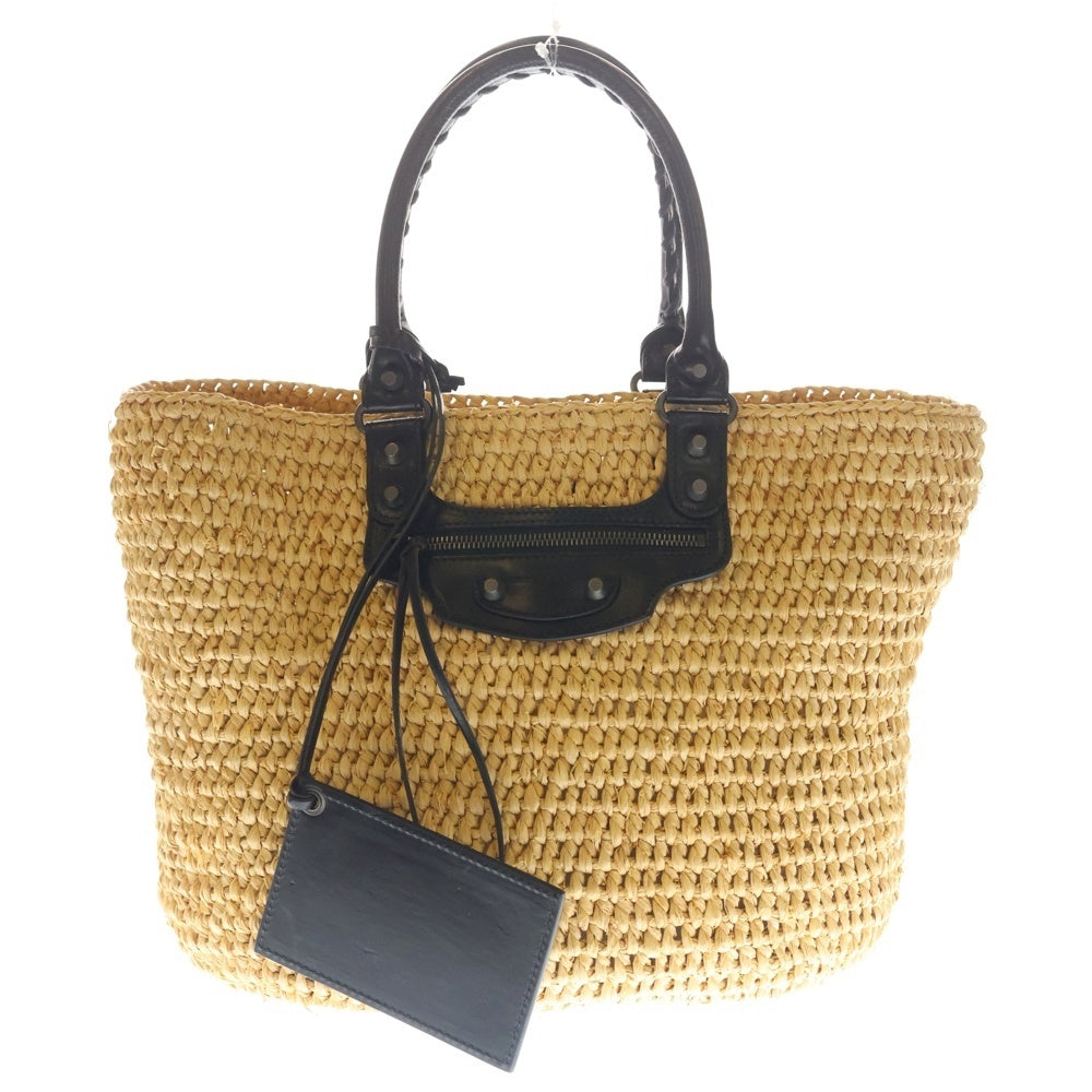 BALENCIAGA(バレンシアガ) パニエS バケット ラフィア レザー かご ハンド バッグ ベージュ/ブラック 466499 レディース
